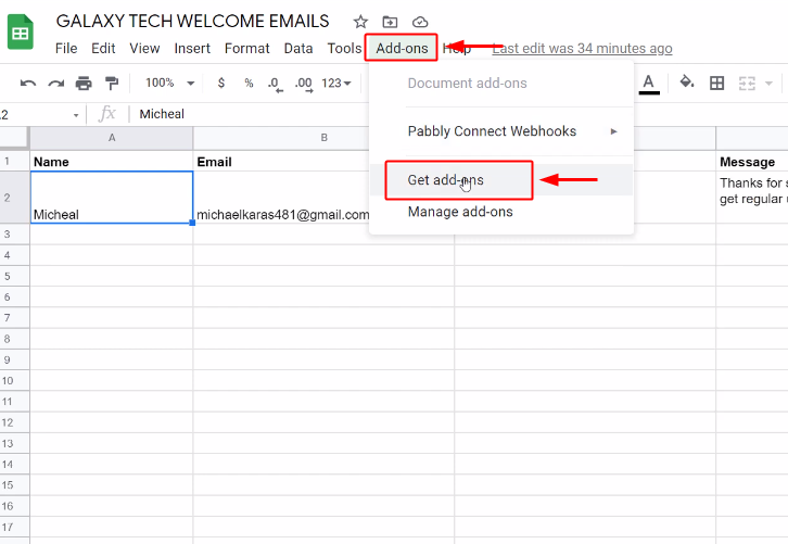 Click on Addons for Google Sheets to Gmail Integration