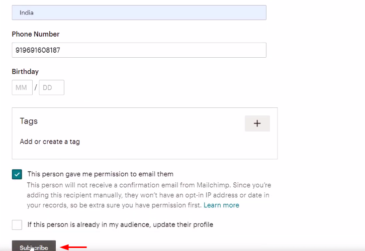Fill in the subscriber Infor & Click on subscribe for Mailchimp to WhatsApp Integration