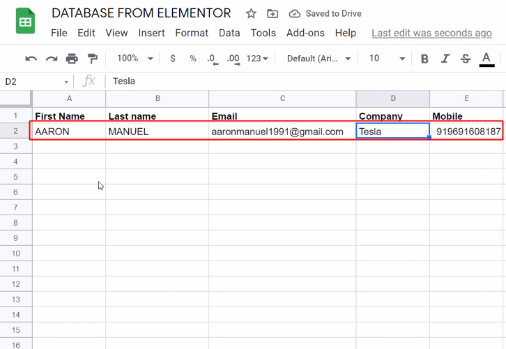 Form Data Entry on Google Sheets for Elementor to Google Sheets