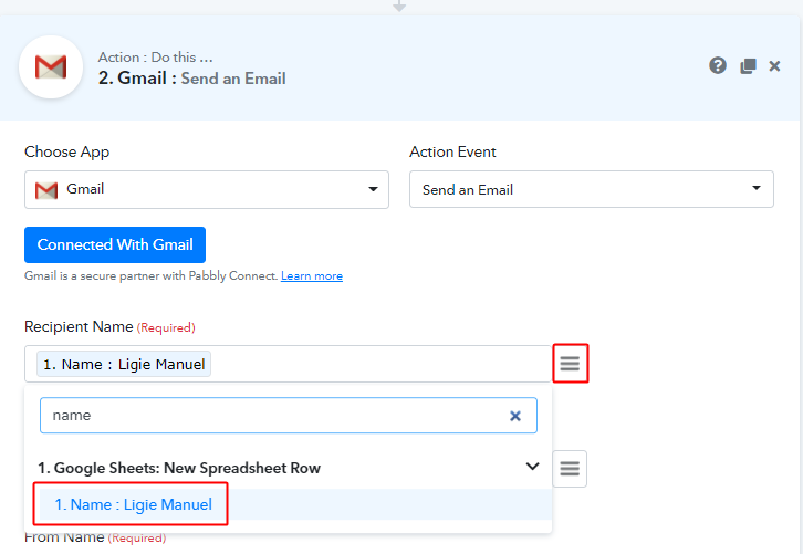 Map Fields for Google Sheets to Gmail Integration