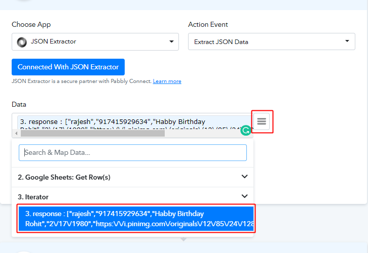 Map Iterator Response for Google Sheets to WhatsApp Integration