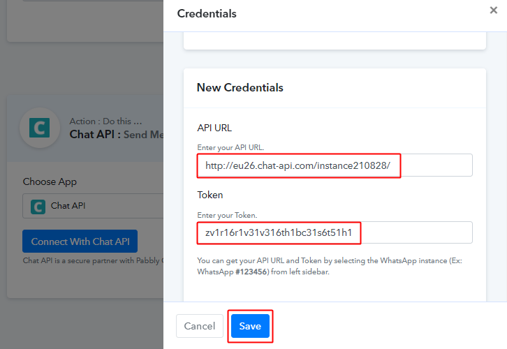 Paste Chat API URL & Token for Google Sheets to WhatsApp Integration