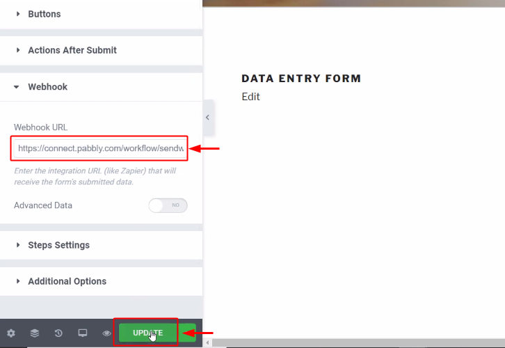 Paste Webhook URL & Update for Elementor to Google Sheets