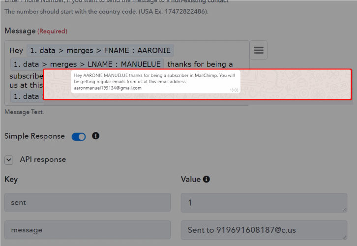 Response Message for Mailchimp to WhatsApp Integration