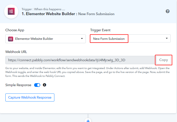 Select Event & Copy Webhook URL for Elementor to Google Sheets