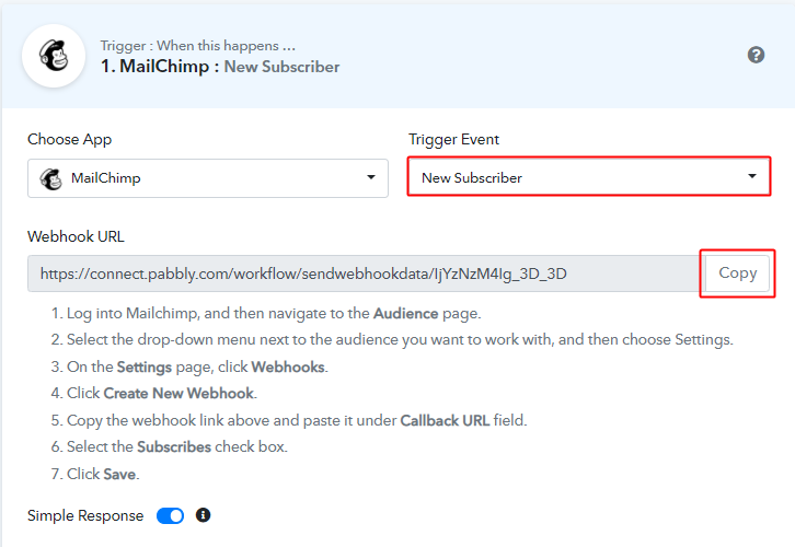 Select Event & Copy Webhook URL for Mailchimp to WhatsApp Integration