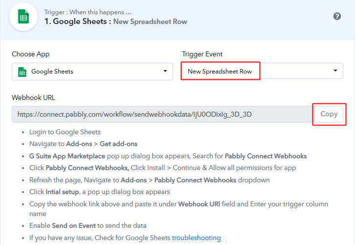 Select Event and Copy Webhook URL for Google Sheets to Gmail Integration