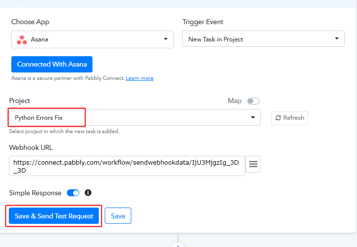 Select Project & Send Test Request for Asana to Google Sheets