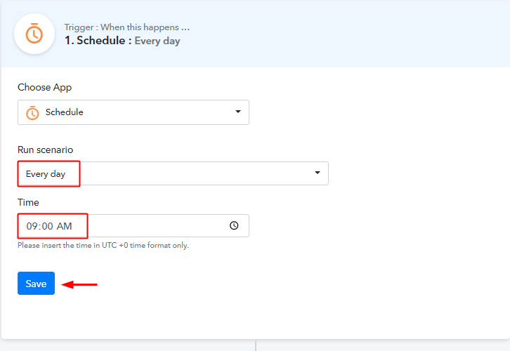 Select Run Scenario and Time for Google Sheets to WhatsApp Integration