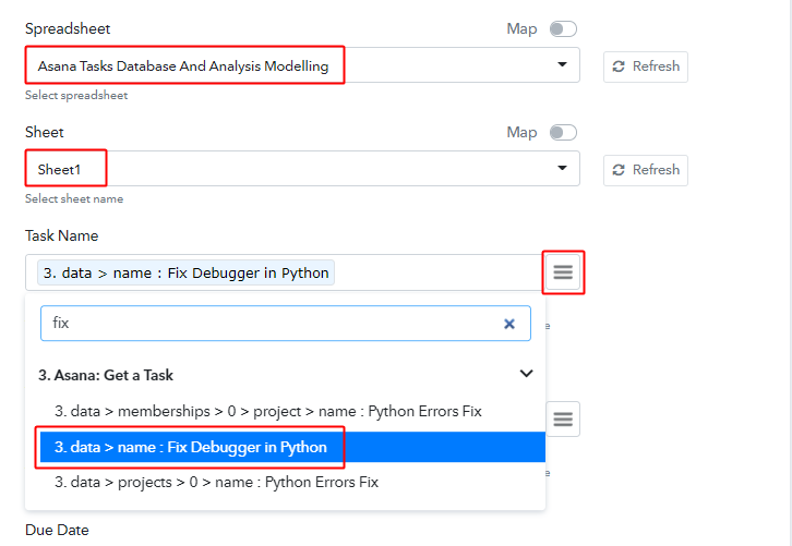 Select Spreadsheet & Map Field for Asana to Google Sheets