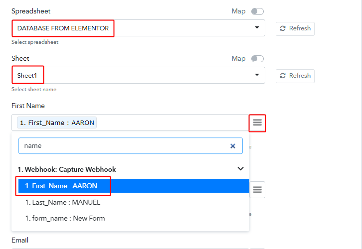 Select Spreadsheet & Map Fields for Elementor to Google Sheets