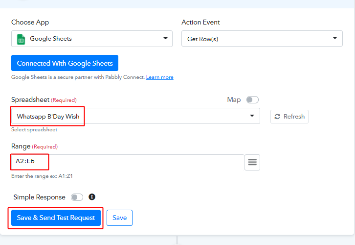 Select Spreadsheet Range and Send Trigger Test Request for Google Sheets to WhatsApp Integration