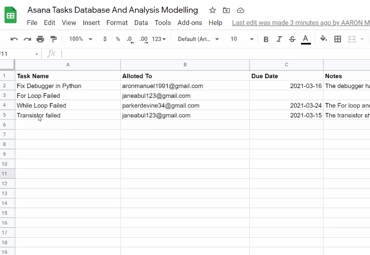 Task Entry in Google Sheet for Asana to Google Sheets