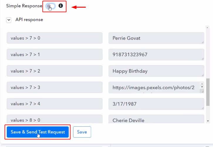 Toggle Response & Send Test Request for Google Sheets to WhatsApp Integration