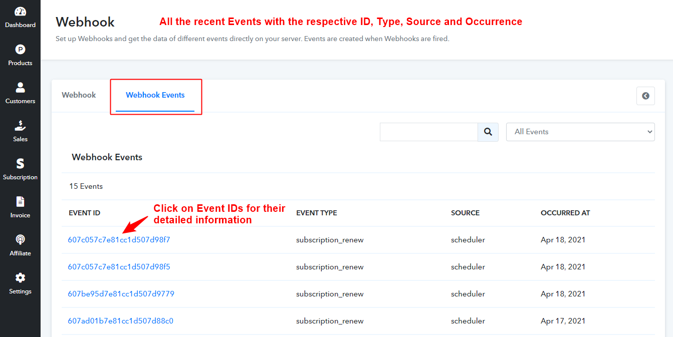 Webhook Events Navigation