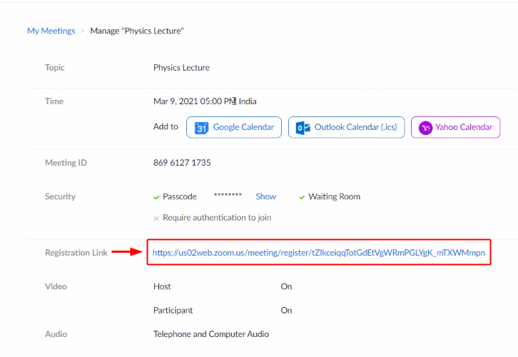 Click on Registration Link for Zoom to Google Sheets Integration