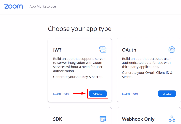 Click on create under JWT for Zoom to Google Sheets Integration