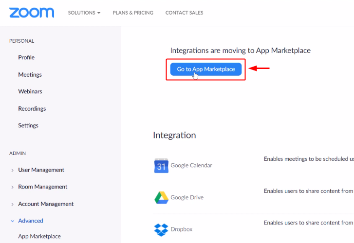 Go to App Marketplace for Zoom to Google Sheets Integration