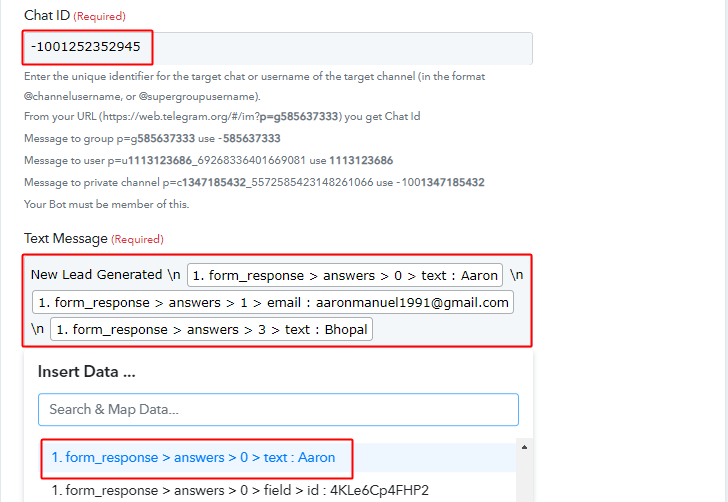 Paste Chat ID & Map Fields to Send Telegram Messages on Form Submissions