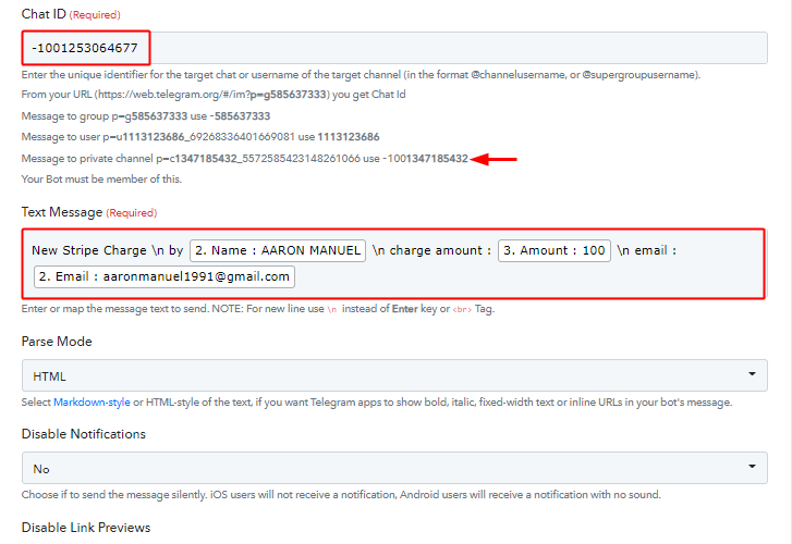 Paste Chat ID to Notify Team Members about Stripe Payments