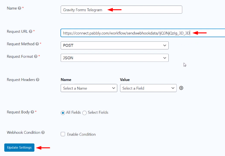 Paste Webhook URL to Send Telegram Messages for New Form Submissions