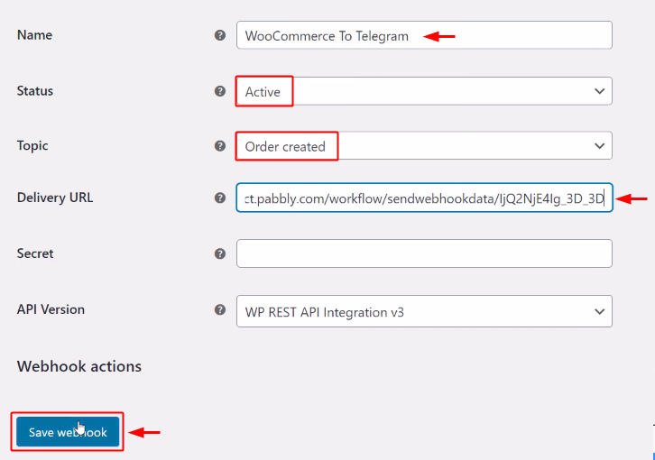 Paste Webhook URL to Send Telegram Notification for New WooCommerce Orders