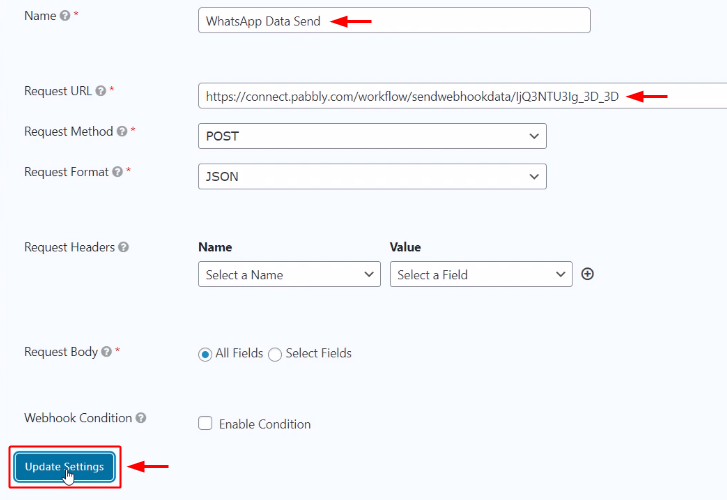 Paste Webhook URL to Send WhatsApp Message on New Form Submission