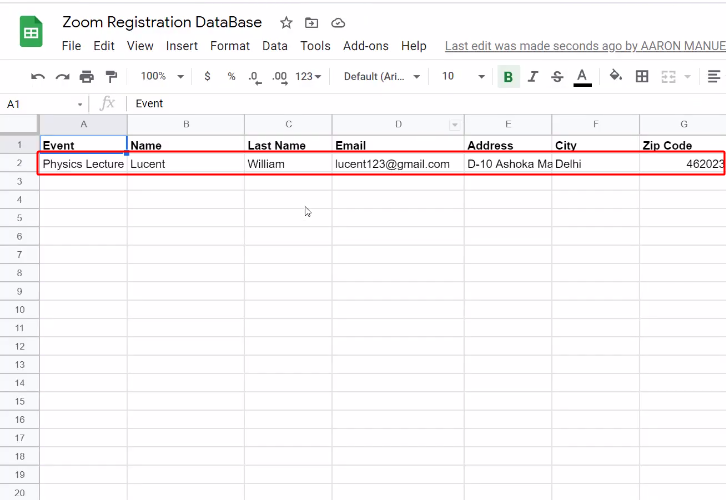 Registrants Entry on Google Sheets to Add Zoom Registrants to Google Sheets