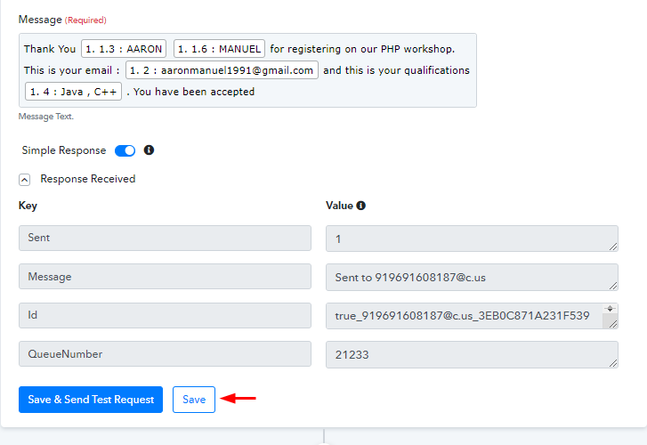 Save Action API Response to Send WhatsApp Message on New Form Submission