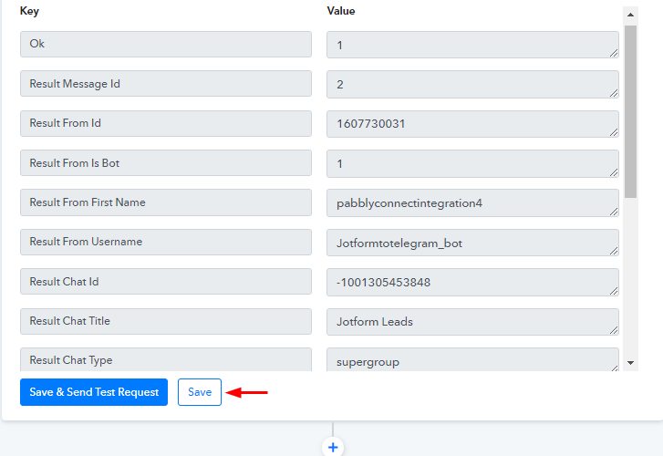 Save Action Response to Send JotForm Submissions to Telegram Account