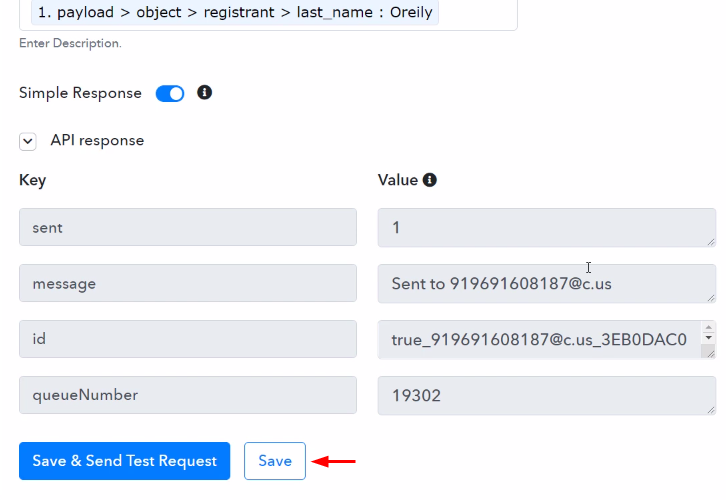 Save the Action API Response to Send Zoom Invite on WhatsApp