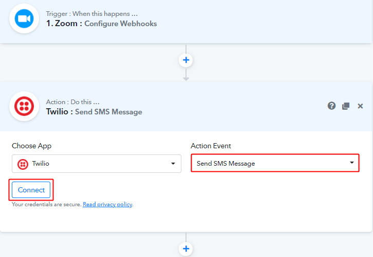 Select Event & Connect with Twilio to Send Zoom Meeting Invite via SMS