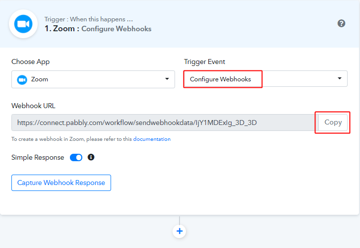 Select Event & Copy Webhook URL for Zoom to Twilio Integration