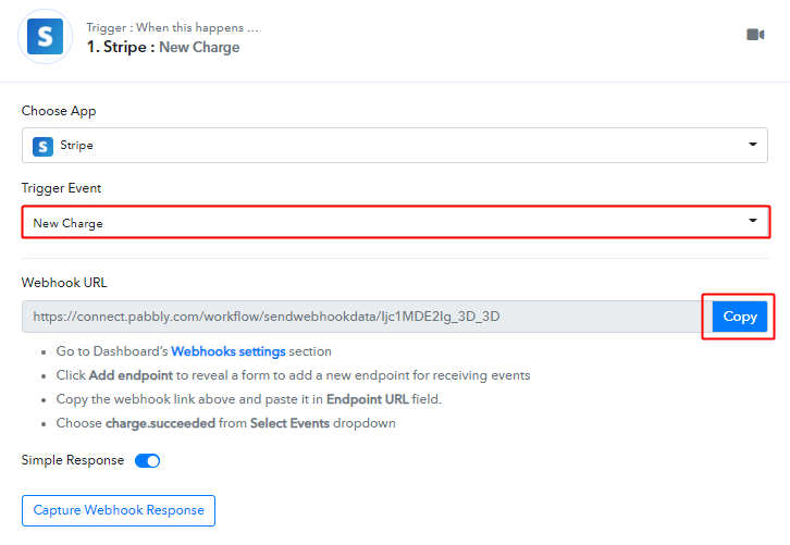 Select Event & Copy Webhook URL to Notify Team Members about Stripe Payments