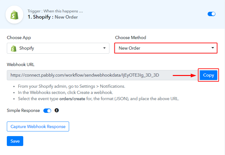 Select Event & Copy Webhook URL to Notify Your Team Members about New Shopify Orders