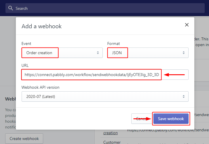Select Event & Paste Webhook URL to Notify Your Team Members about New Shopify Orders