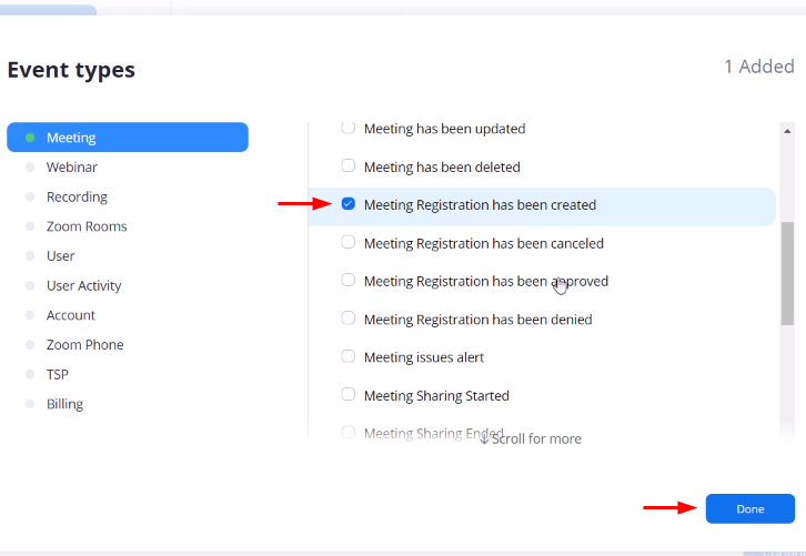 Select Event & then Done for Zoom to Google Sheets Integration