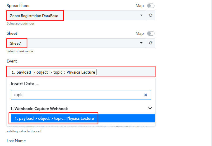 Select Spreadsheet & Map Fields for Zoom to Add Zoom Registrants to Google Sheets