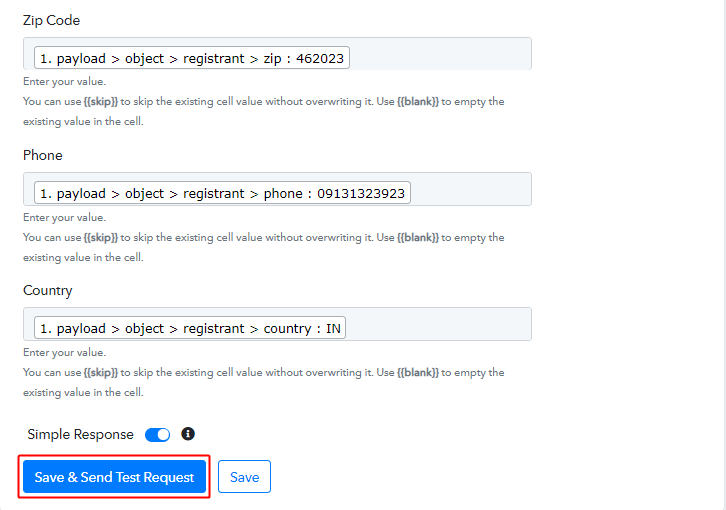 Send Test Request for Action for Zoom to Add Zoom Registrants to Google Sheets