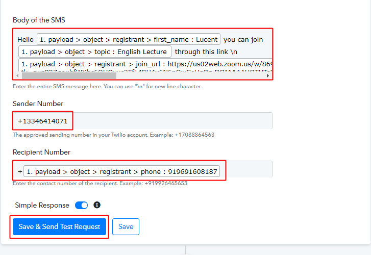 Send Test Request for Action to Send Zoom Meeting Invite via SMS