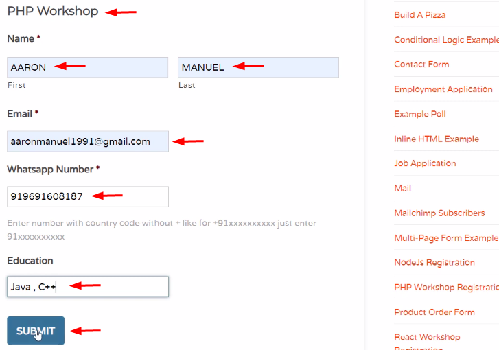 Submit Test Form to Send WhatsApp Message on New Form Submission